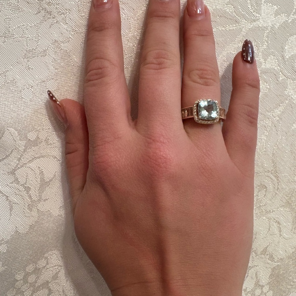 LeVian 14k Strawberry Gold Ring Blue stone surrounded by Diamonds & Baguettes